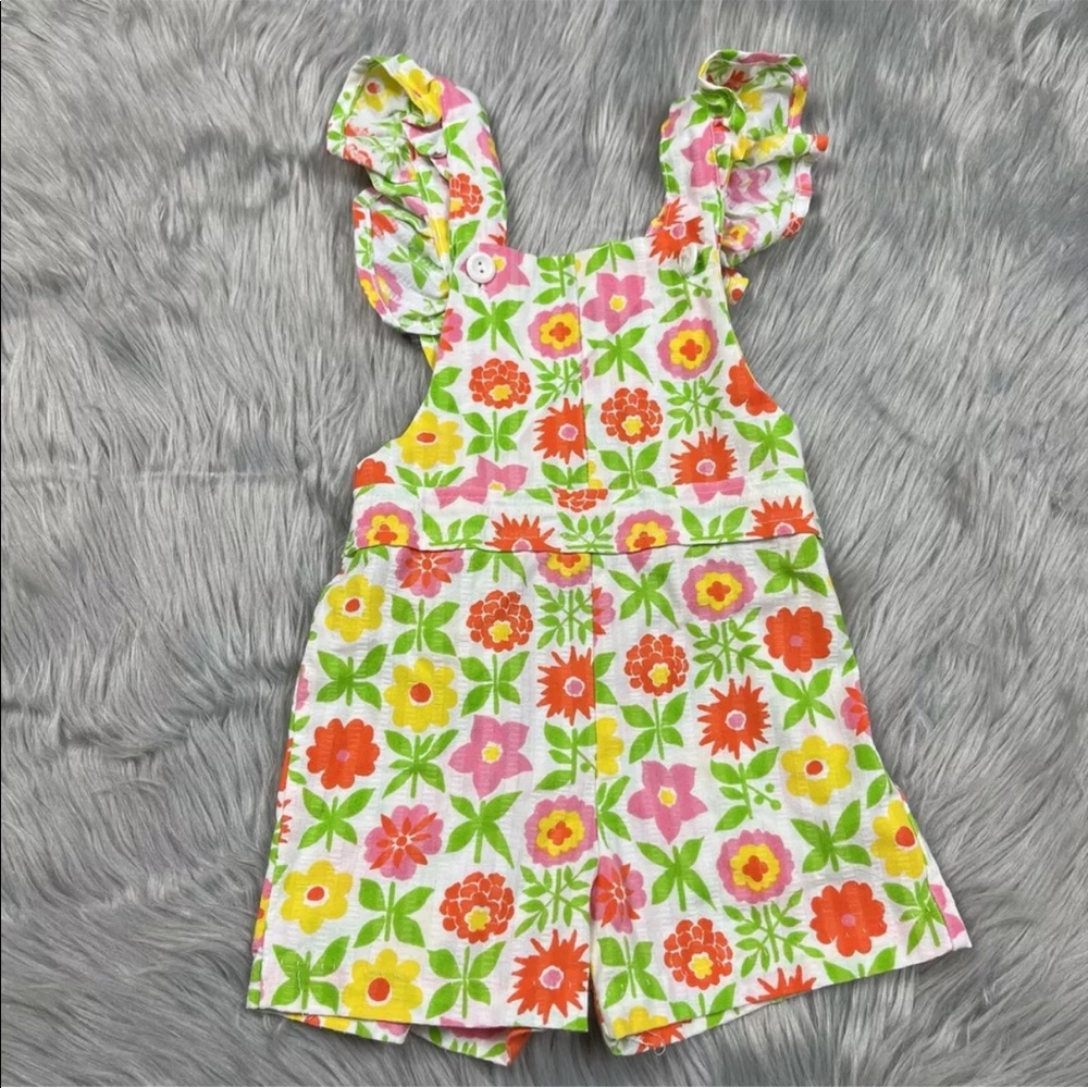 Vintage Toddler Girls Orange Green Pink Ruffle Strap Romper